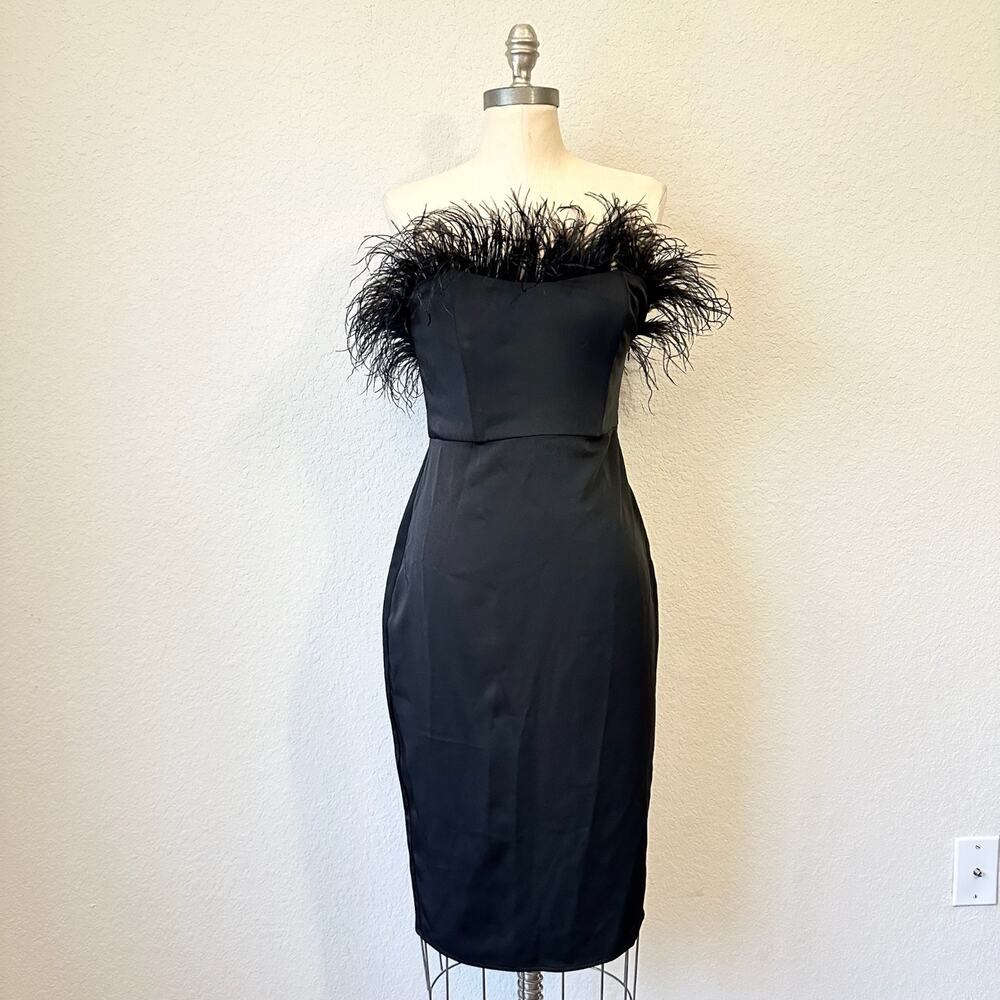 LPA Aurora Dress Black Strapless Ostrich Feather Bodycon Cocktail